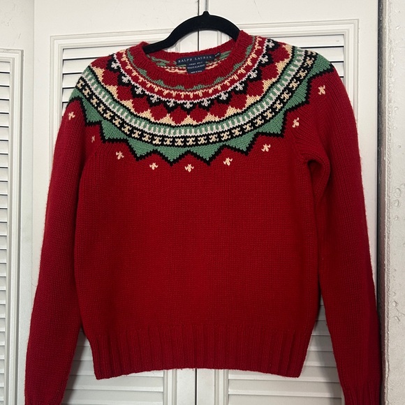 Ralph Lauren MED Red/Green hand knit Fair Isle 100% lambs wool Sweater - Picture 3 of 11